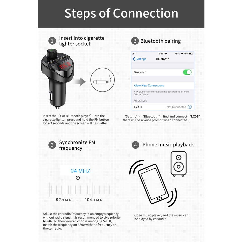 KUULAA Củ Sạc Điện Thoại Hai Cổng usb 3.4a Kiêm Máy Nghe Nhạc mp3 Và Đài fm bluetooth Cho Xe Hơi