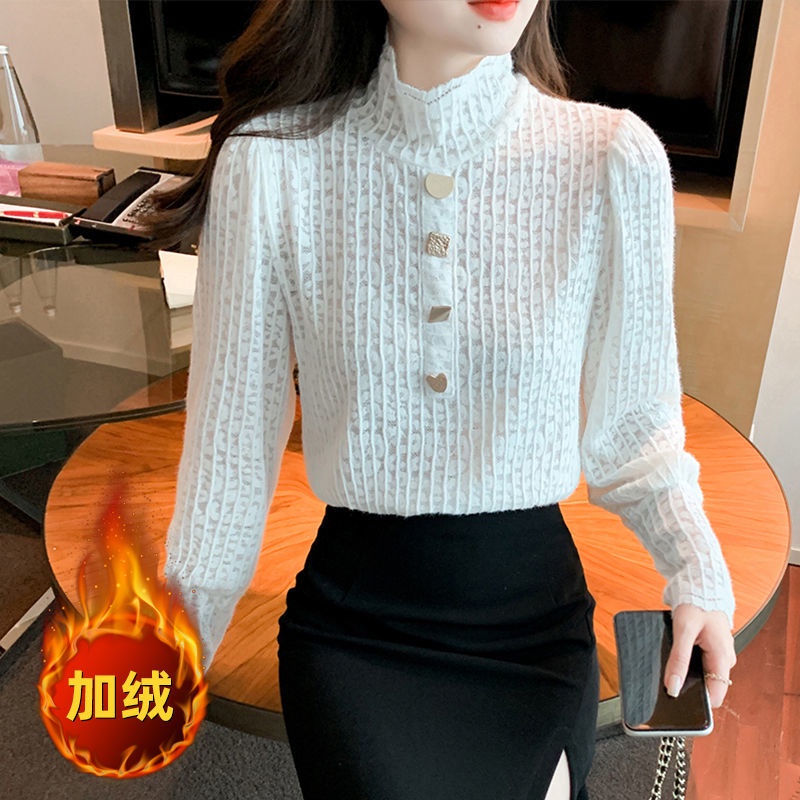 Áo ren cổ cao mỏng phong cách retro Pháp thời trang thu đông mới cho nữ 2021
