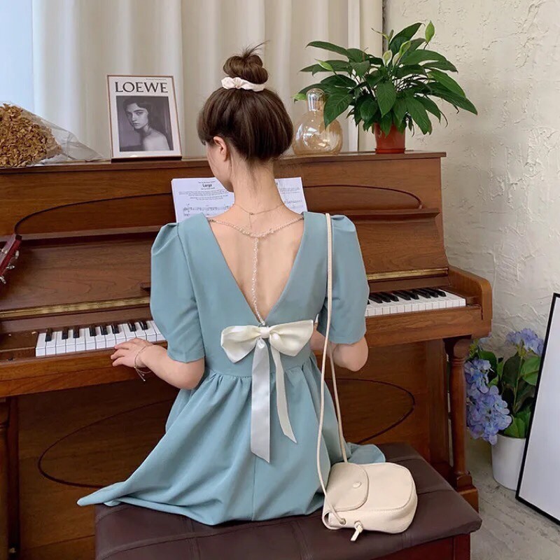 ĐẦM DÁNG XOÈ KHOÉT CỔ V, PHỐI DÂY PHA LÊ THẮT NƠ XINH XẮN TIỂU THƯ | BigBuy360 - bigbuy360.vn