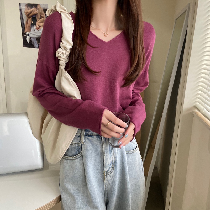 Áo dệt kim tay dài cổ chữ v dáng rộng phong cách cho nữ 44966