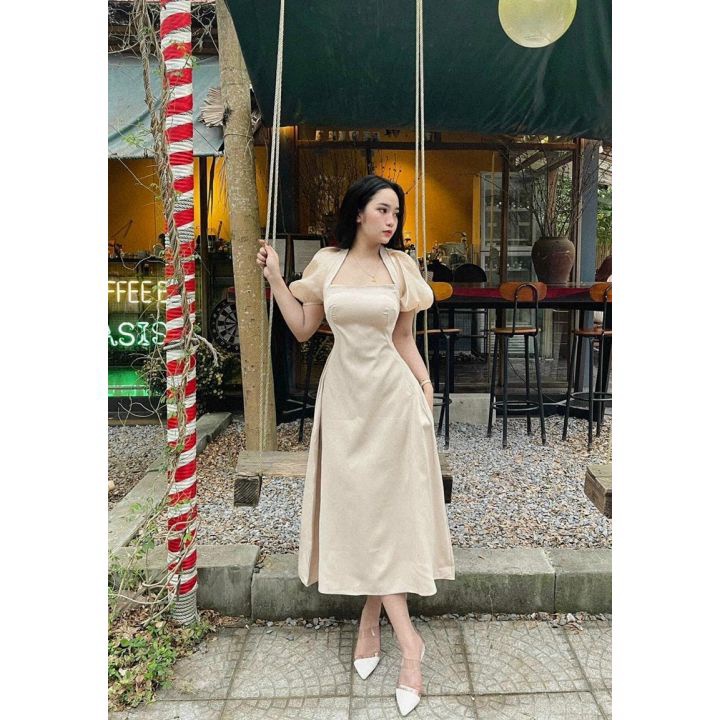 Đầm Nữ , Đầm Cổ U Tay Bồng Có Mút Ngực Dáng Dài Mặc Tôn Dáng Thời Trang Lịch Sự