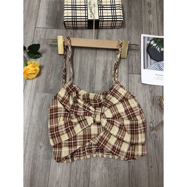 Áo 2 dây nơ hoạ tiết kẻ caro croptop dễ thương hàng QC