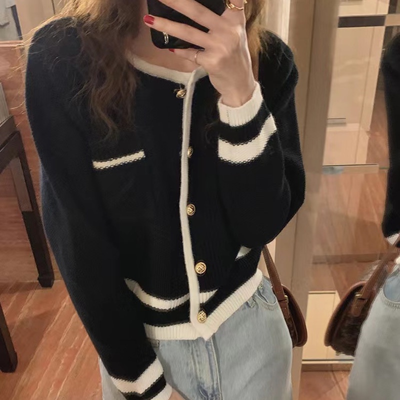SUXI Áo khoác cardigan dệt kim tay dài dáng rộng cổ tròn màu sắc tương phản phong cách Hàn Quốc thời trang cho nữ