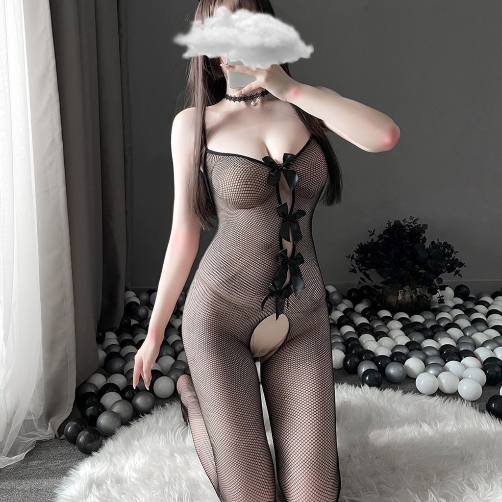 Đồ Lót Ren Gợi Cảm Đính Thắt Nơ - Đồ Ngủ Cosplay 2 Dây Khoét Xẻ Đáy Xuyên Thấu Nữ