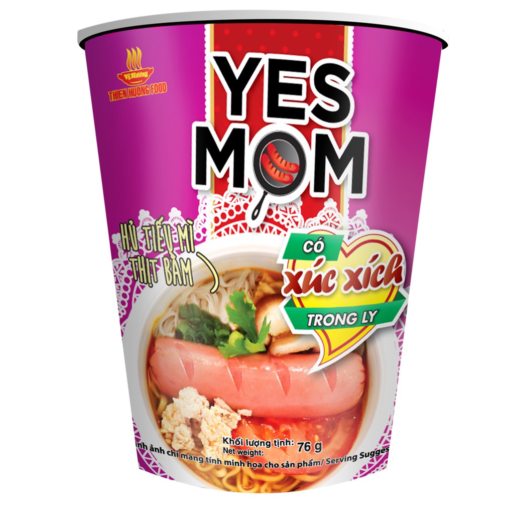 Thùng 24 Ly Hủ Tiêu Mì Thịt Bằm Yes Mom Có Xúc Xích 76g/ly