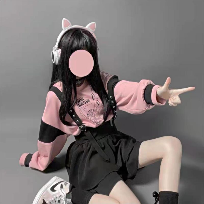 Váy yếm xếp tầng bèo nhún đen 2 dây khoá tim cute harajuku lolita ulzzang douyin