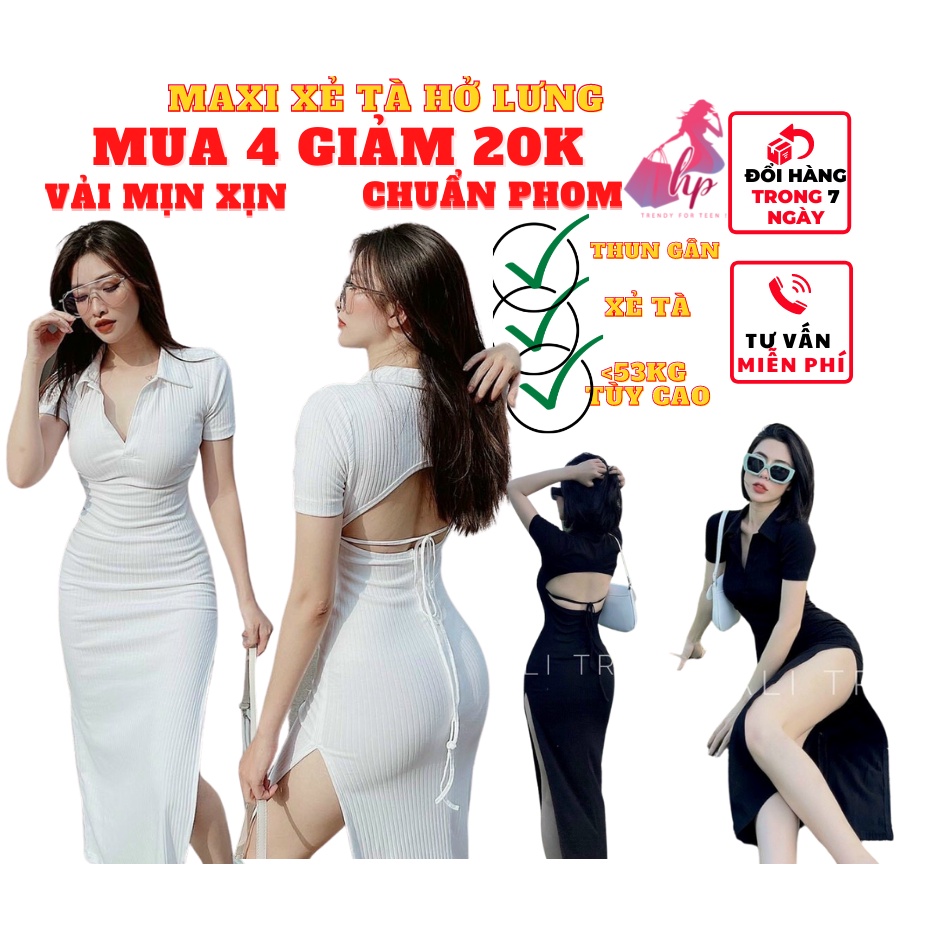 Váy đầm maxi dài nữ ôm bodycổ polo xẻ tà hở lưng đan dây tay tay ngắn thời trang dự tiệc sexy phong cách hàn