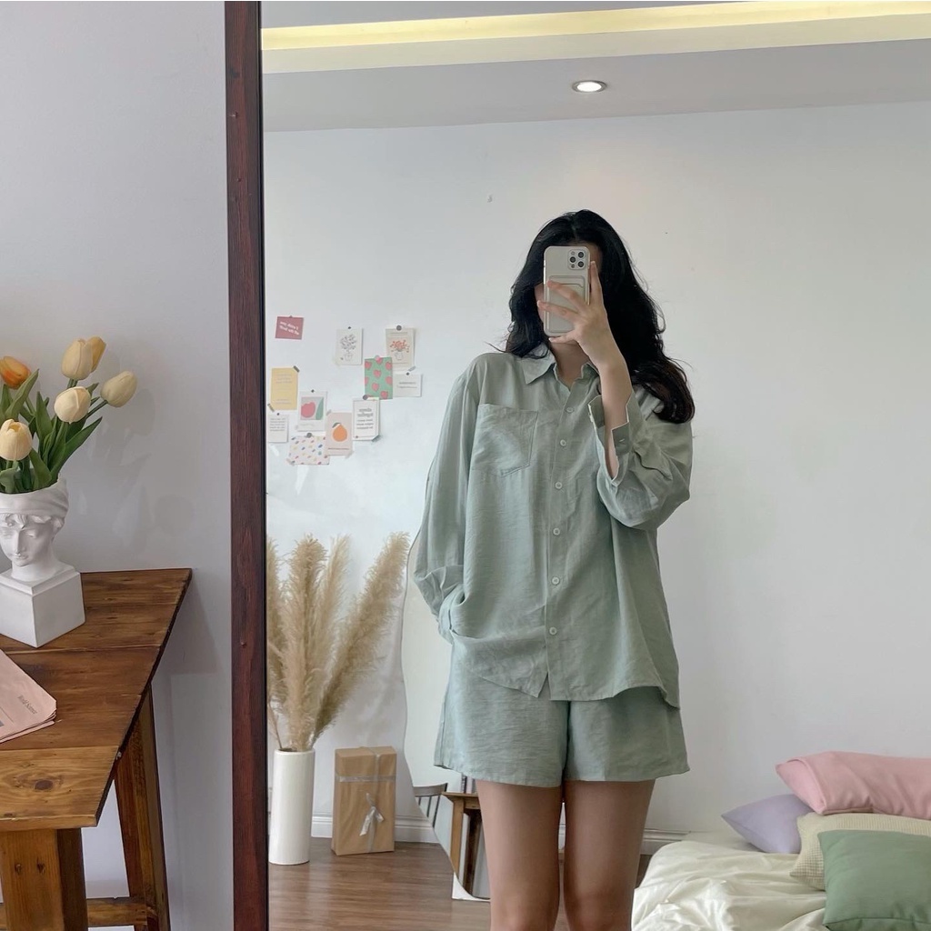 Set áo sơ mi tay dài với quần đùi xanh pastel SE0003-LISSOME