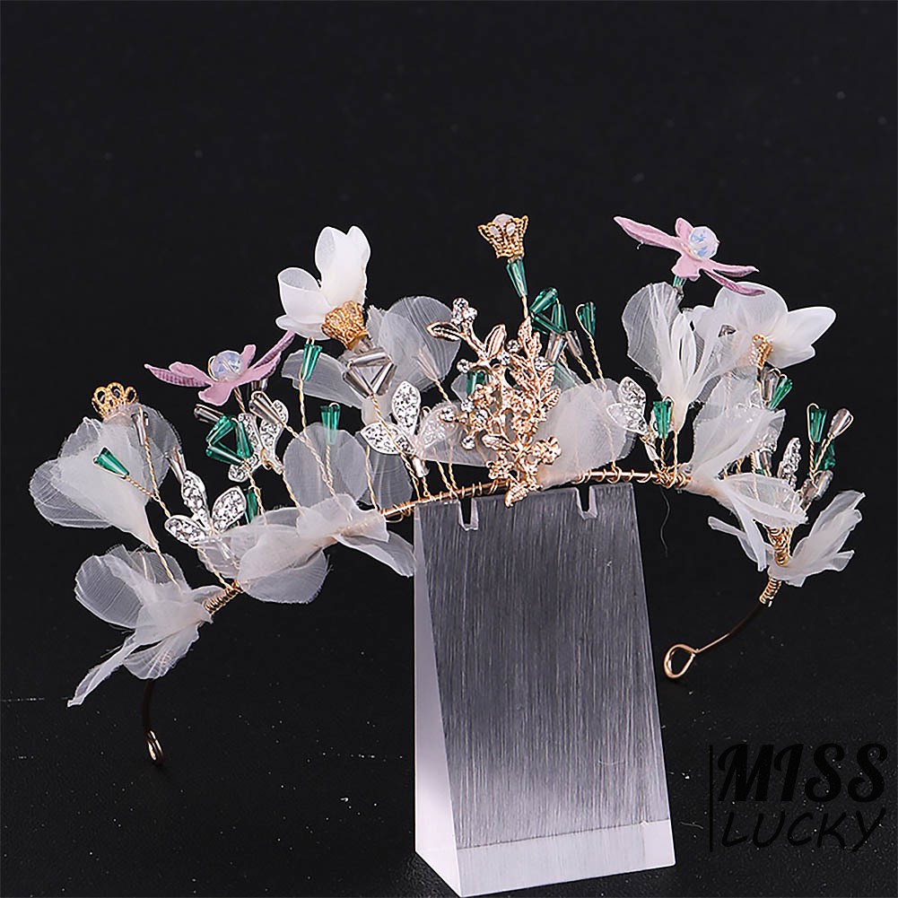 Băng đô cài tóc trang trí hoa lụa đính đá xinh xắn cho cô dâu