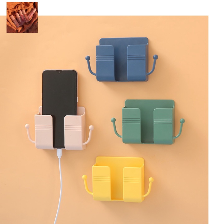 (order nhanh) Giá Dán Tường Để Điện Thoại, Remote, Ổ Cắm/ Giá Đỡ Sạc Điện Thoại/ Kệ Đựng Đồ Dán Tường - Kèm 2 Móc Treo Đ