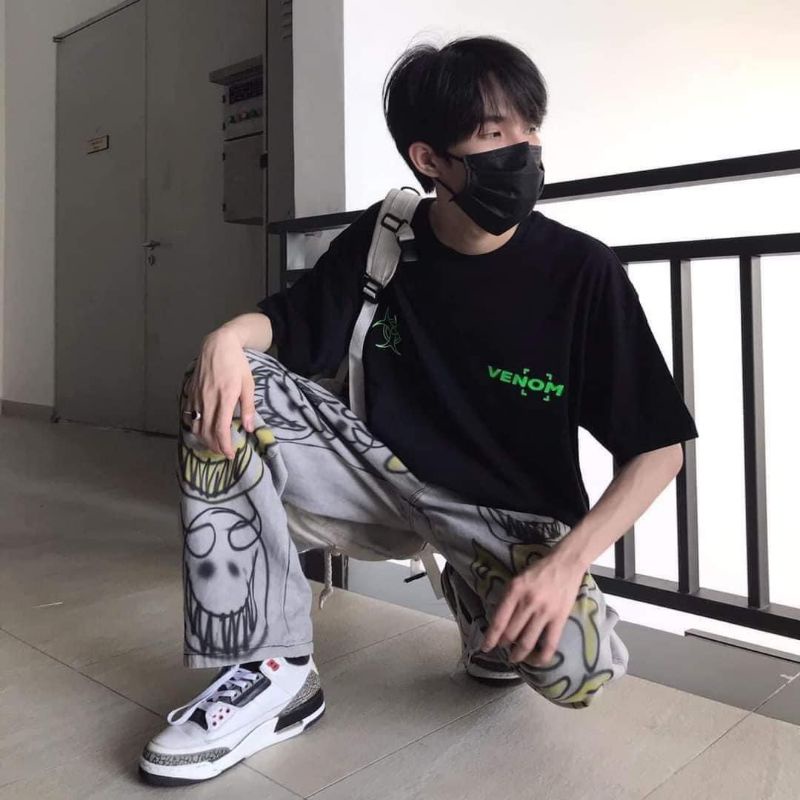 Áo phông tay lỡ in Đầu lâu xanh cực nét ngầu lòi.hangtotgiare98