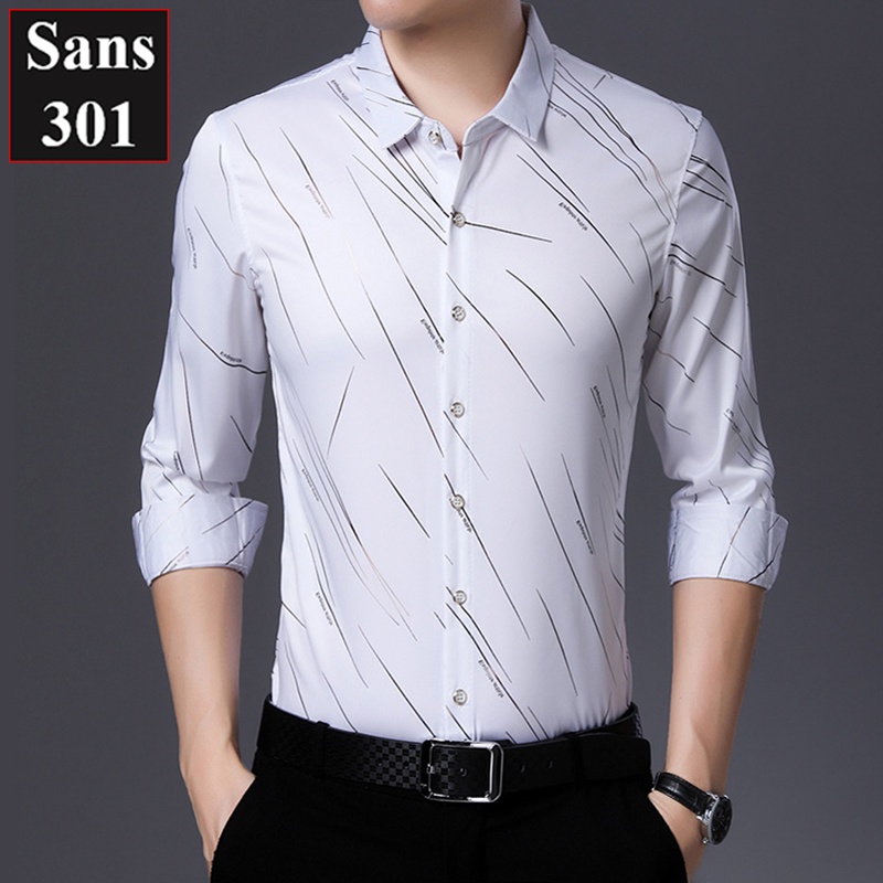 Áo sơ mi nam tay dài họa tiết Sans301 công sở thời trang hot hàn quốc hoa văn trắng đen xanh cao cấp chất đẹp