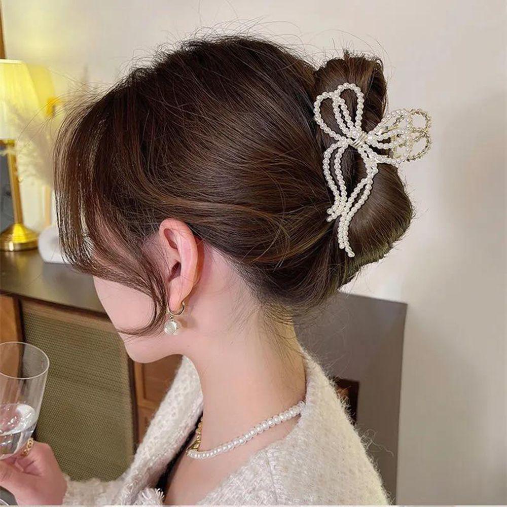 Kẹp Tóc Kim Loại Hình Nơ Đính Ngọc Trai Nhân Tạo Thời Trang|Kẹp Tóc Kiểu Rỗng Không Trơn Trượt