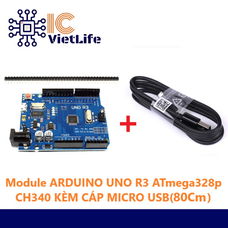Module ARDUINO UNO R3 ATmega328p CH340 KÈM CÁP MICRO USB(80 Cm)  PHIÊN BẢN MỚI kèm thư viện, code mẫu và sơ đồ chân
