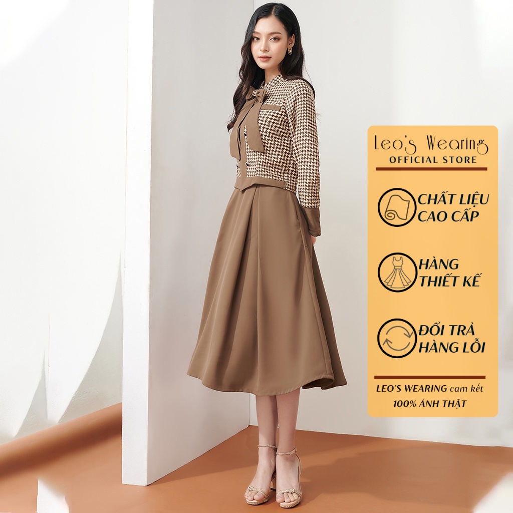 Váy Công Sở Dáng Xòe Phối Áo Sơ Mi LEOSWEARING Chân Váy Áo Tay Dài Phối Nơ Cổ Sang Chảnh Đầm Dự Tiệc Đi Chơi D78 - Hàng