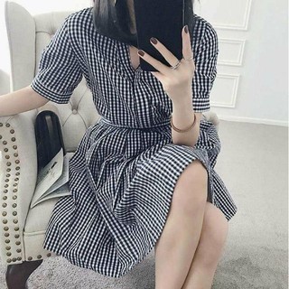 Đầm Váy caro cổ trụ bo eo (kèm hình thật)