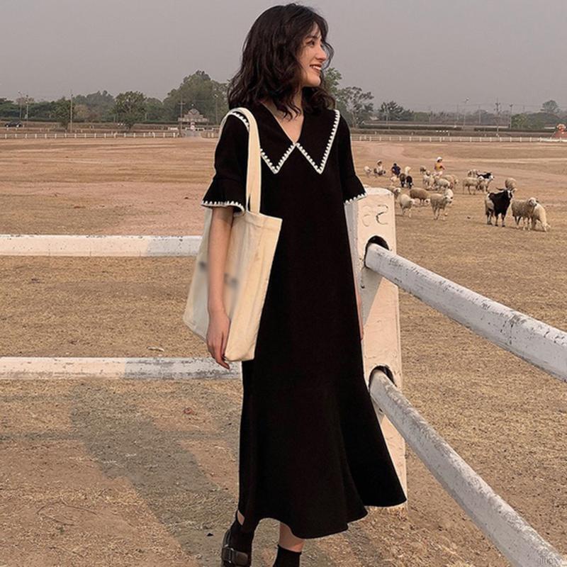 Đầm dài tay ngắn dáng rộng màu trơn phong cách Hàn Quốc dễ thương thời trang cho nữ