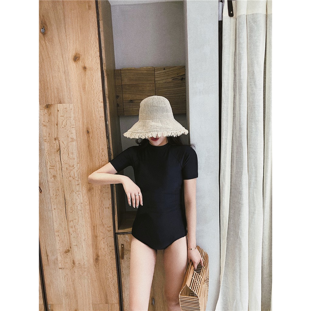 Bikini đồ bơi nữ 1 mảnh liền thân cộc tay trơn 1 màu tôn dáng kín đáo cá tính khoét vai