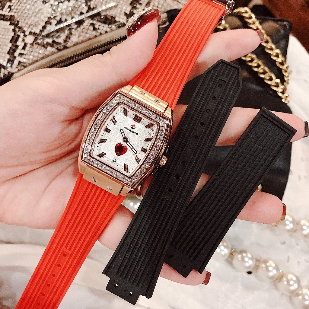 Set Đồng Hồ Huboler Hanboro Nữ Mặt Trái Tim Dây Silicon Đỏ Rose Gold 36mm Chính Hãng