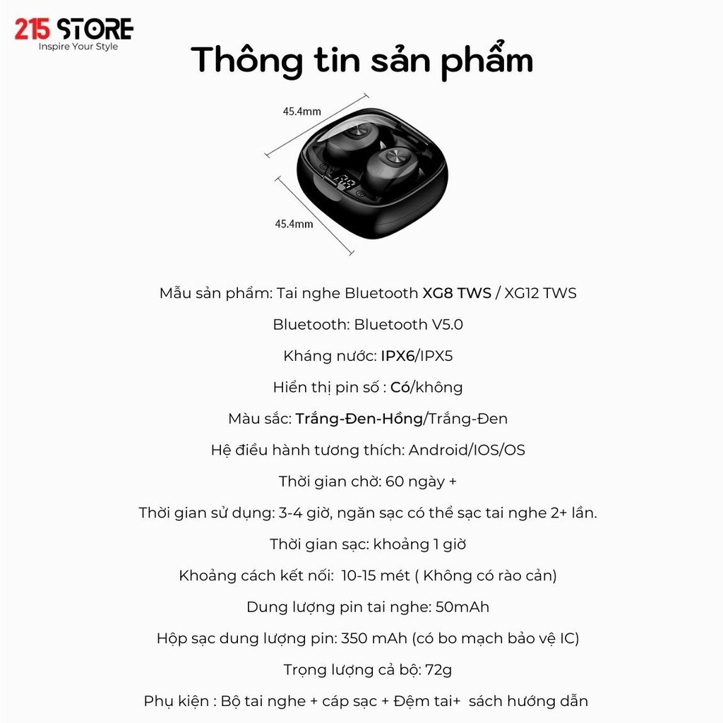 Tai nghe headphone bluetooth không dây 215Store XG8 TWS, kháng nước, bass mạnh, âm thanh chuẩn hifi