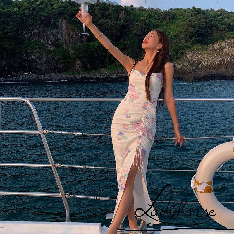 Ldd-đầm Dài Hai Dây Rút Eo Cao Xẻ Tà Cao In Họa Tiết Hoa Cho Nữ
