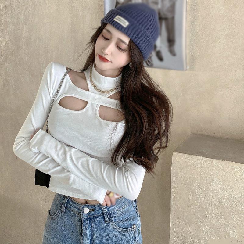 Áo thun croptop tay dài màu sắc đơn giản quyến rũ cho nữ