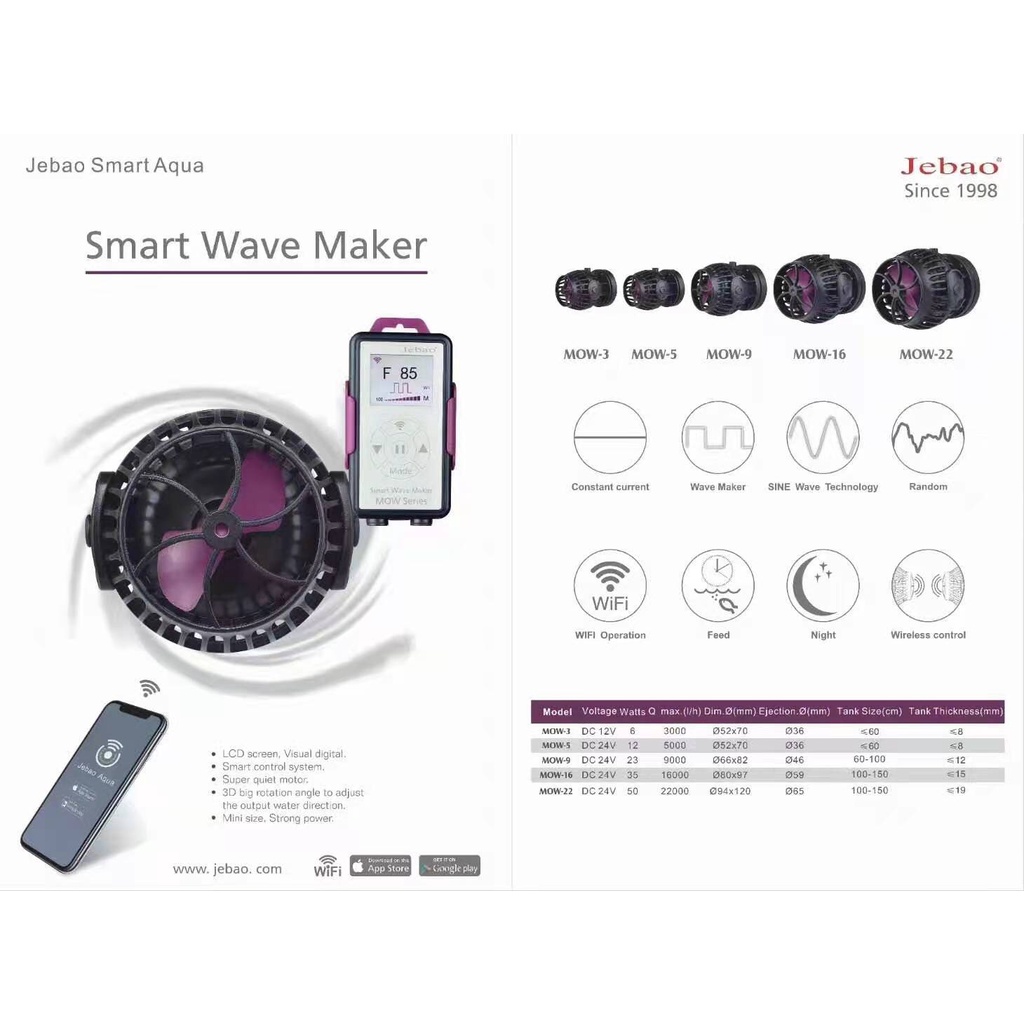 Tạo sóng bể cá nước mặn, hồ san hô Jebao MOW 5 9 16 App wifi mới nhất 2022! chính hãng