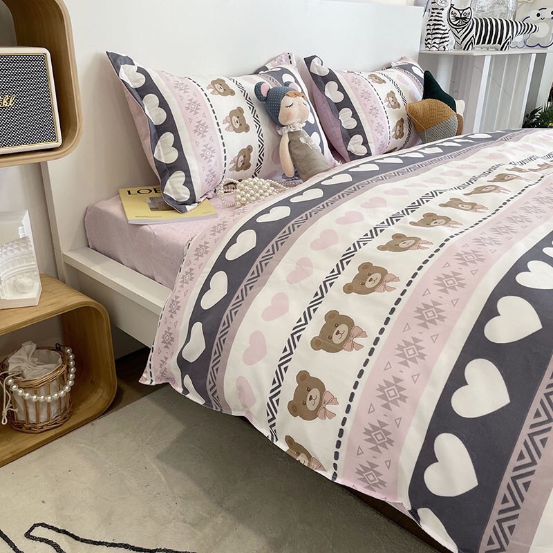 set chăn ga poly nhập khẩu chăn trần bông - mẫu tim kẻ hồng