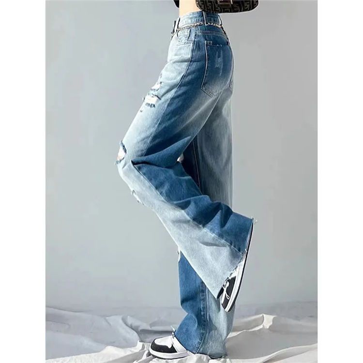 Quần Jeans Nữ Lưng Cao Ống Rộng Rách Gối Thời Trang Mới