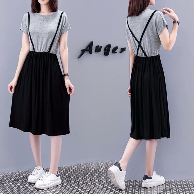 {order bigsize,M-4xl}Váy liền phối 2 mảnh may 2 dây tiểu thư
