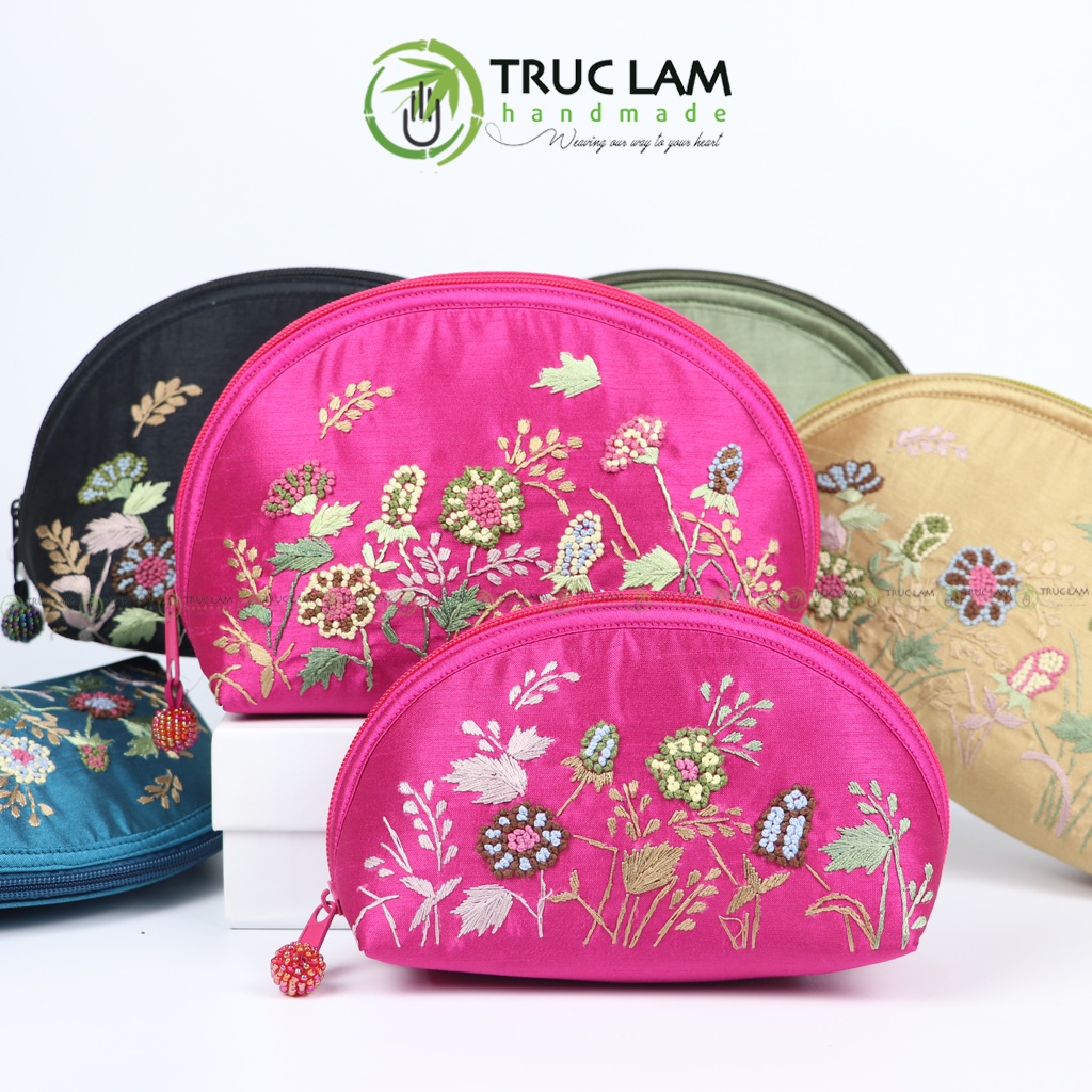 Ví Cầm Tay Nữ Ví Sò Vải Tafta Họa Tiết Hoa Cỏ Thêu Tay 2 Mặt Set 2 Chiếc - Trúc Lâm Handmade