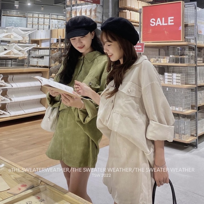 Set bộ đồ nữ - Sét bộ đồ nữ mặc đi chơi áo khoác sơ mi nhung tăm dài tay mix chân váy chữ A trẻ trung
