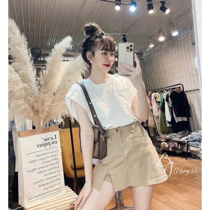 Áo thun túi hộp đính khuy vai