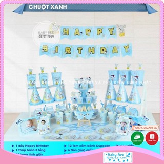 Set bàn tiệc sinh nhật chuột xanh, hồng