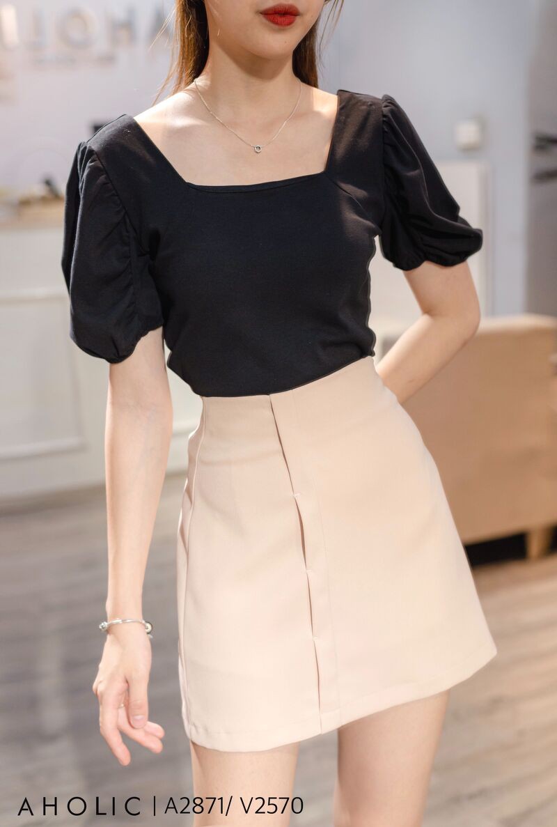 Áo cotton bozip cổ vuông crop nhẹ Aholic A2871