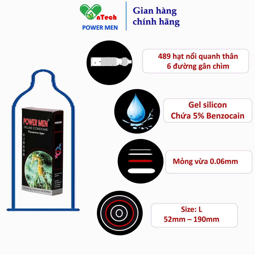 Bao cao su POWER MEN Long shock type siêu mỏng 489 gân gai nổi chứa 5% Benzocain kéo dài thời gian hộp 03 chiếc