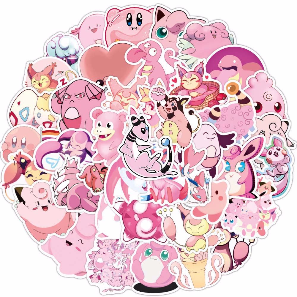 Bộ 50 Miếng Dán Trang Trí Xe Hơi / Laptop / Vali Hình Anime Ta-Kara Màu Hồng Chống Nước