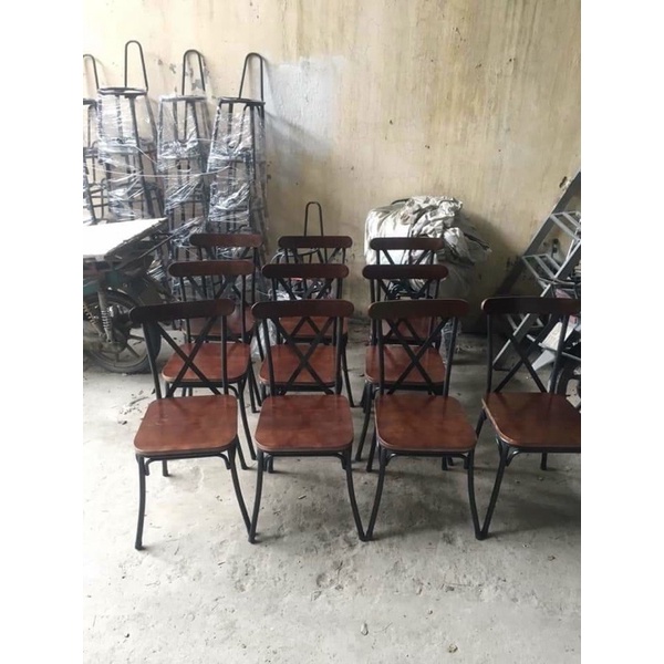 Bộ bàn ghế cafe-ghế chữ X-bàn chân sắt mặt gỗ