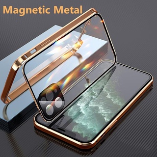 Ốp điện thoại kính cường lực hai mặt viền kim loại nam châm cho iphone 13 12 11 pro max 7 8 plus x xsmax xr