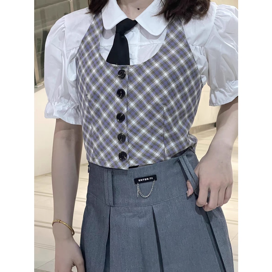 Set đồ nữ sinh hè thu - Áo gile caro cài khuy - Áo sơ mi trắng tay bồng kèm cà vạt-Chân váy xếp ly màu xám đen