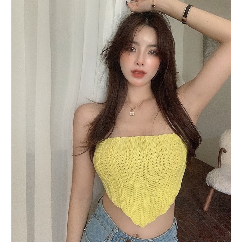 QADCOL  Áo ống ngắn dáng ôm thiết kế dây đan chéo thời trang quyến rũ cho nữ