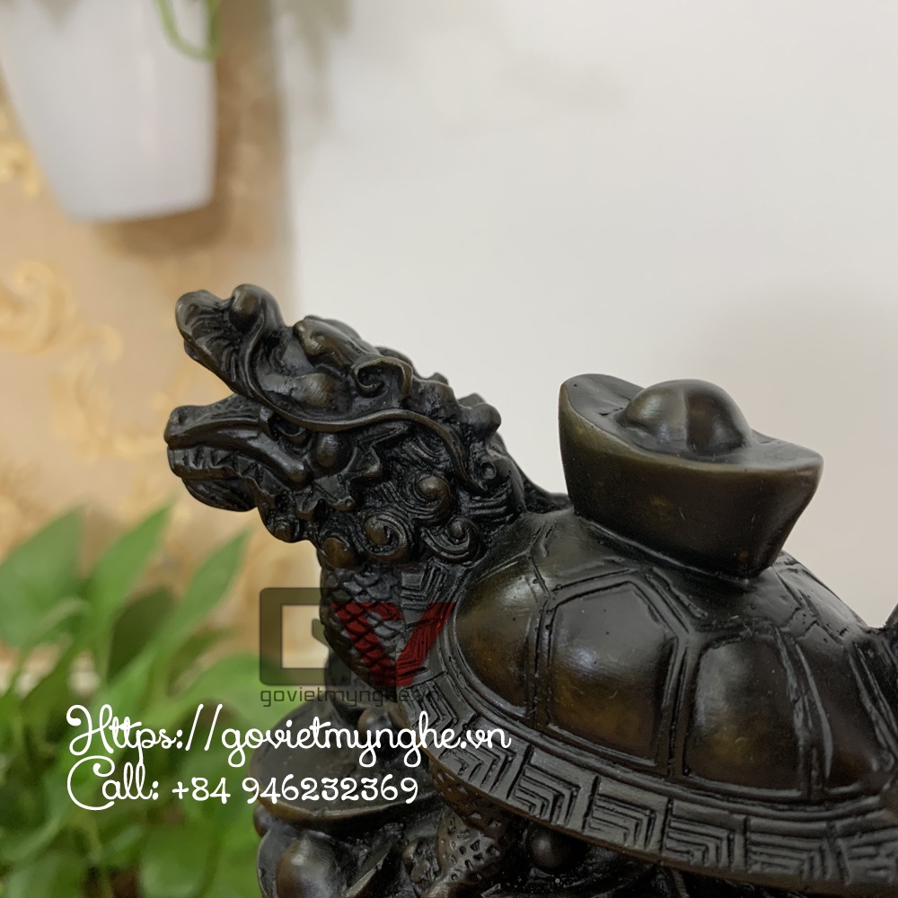 Tượng đá long quy - Rùa đầu rồng trang trí phong thủy - Long quy cõng thỏi vàng - Cao 10cm