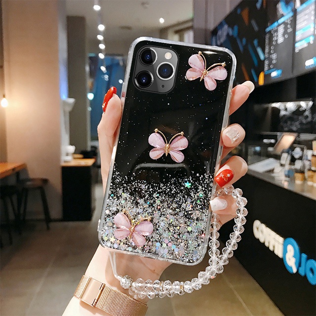 Ốp Điện Thoại Silicon Hình Bướm 3d Kim Tuyến Lấp Lánh Gắn Dây Đeo Cho samsung galaxy s21fe s20fe s21 s20 s10 plus s20 s21ultra