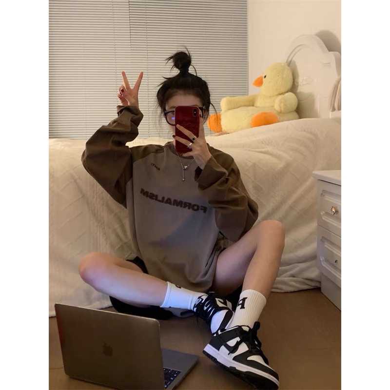 Áo Thun Nữ Tay Dài Dáng Rộng In Chữ Phong Cách retro Mỹ