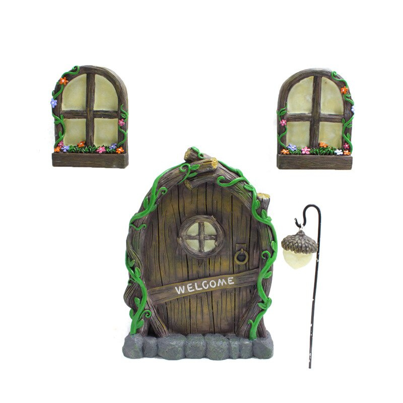 Miniature Tree Decor Fairy Garden Door and Windows Kit with Lamp Glow In The Dark Outdoor Ornament