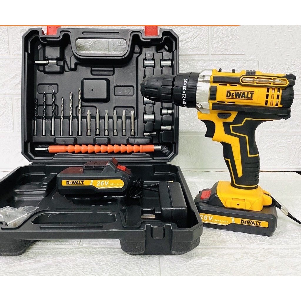 Máy khoan pin Dewalt 3 chức năng có búa - Tặng kèm 24 chi tiết gồm các mũi khoan + Mũi bắt vít