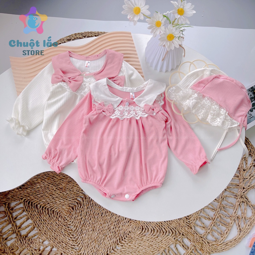 Bộ Đồ Body Bé Gái Dài Tay Chuột Lắc Store Kiểu Cổ Sen Viền Ren Chất Cotton Len Mềm Mại 3kg Đến 12kg Màu Hồng Trắng