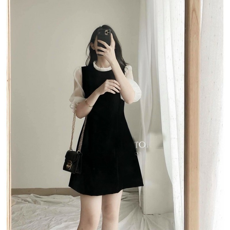Váy tay lỡ phối voan có khoá sau chất umi sang chảnh
