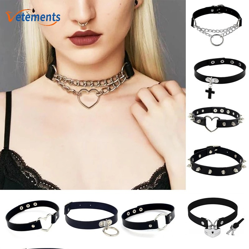 Vòng Cổ Choker Da PU Đính Đinh Tán Và Trái Tim