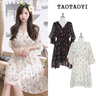 <ORDER QUẢNG CHÂU>Đầm Hoa Nhí Cổ V Tay Loe Phong Cách Hàn ( Kèm hình thật)